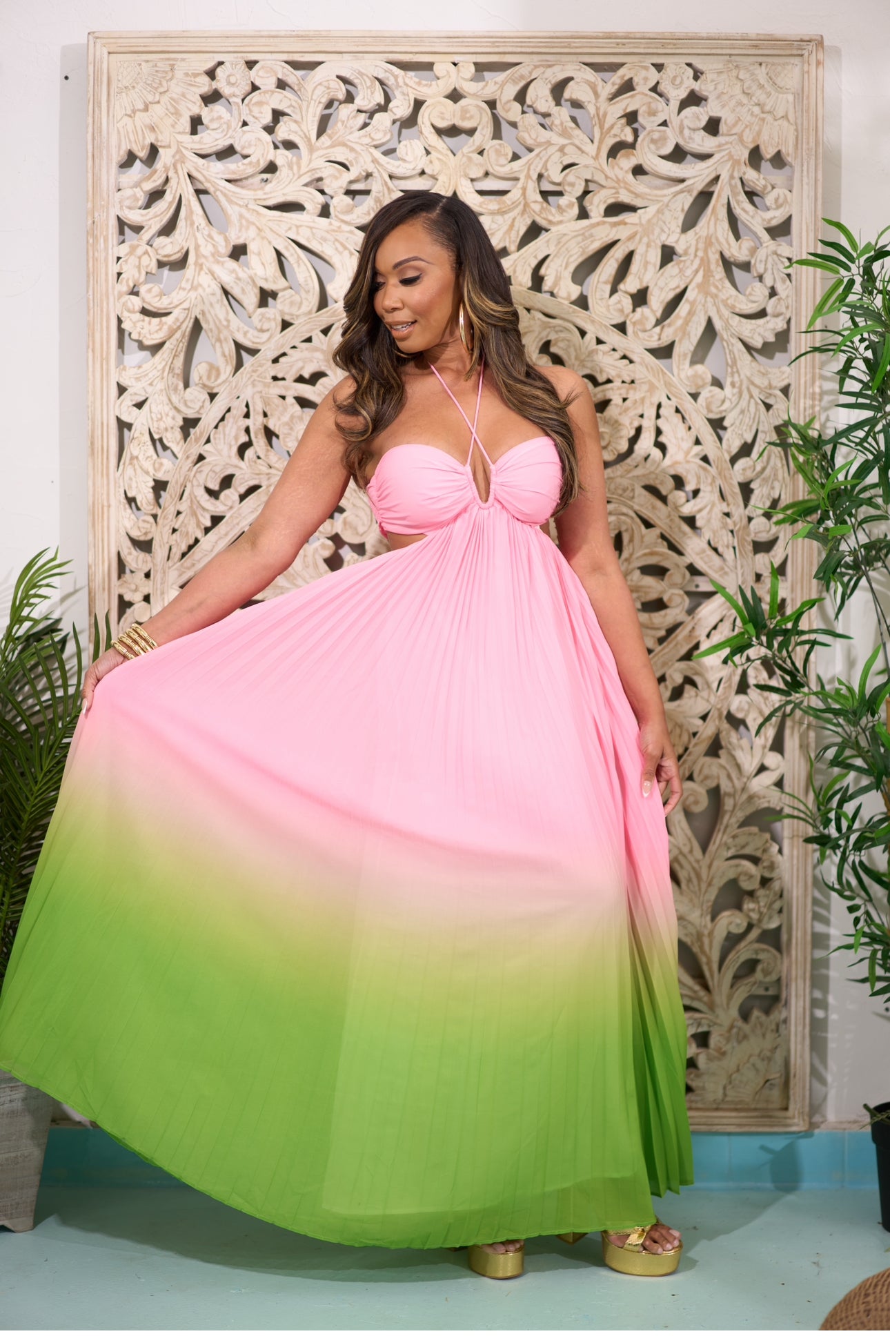 Pink & Green Open Back Maxi Dress