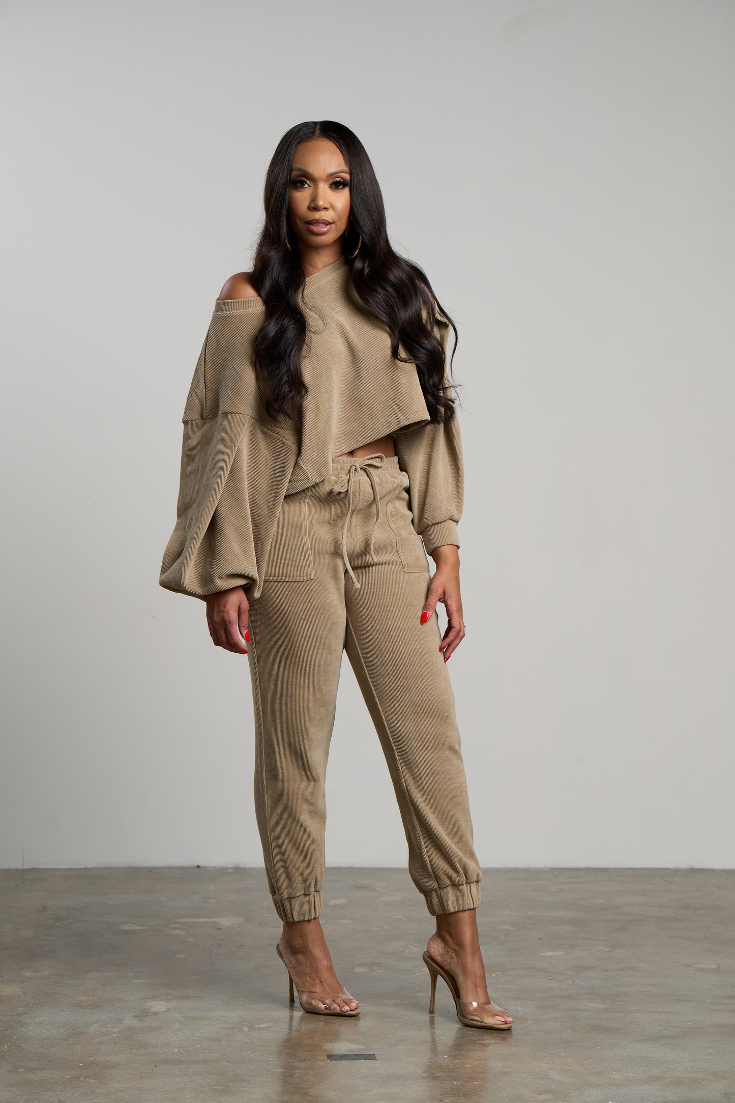 Crop Top Jogger Pants Set (Tan)