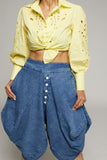 Yellow Eyelet Button Front top with Collar