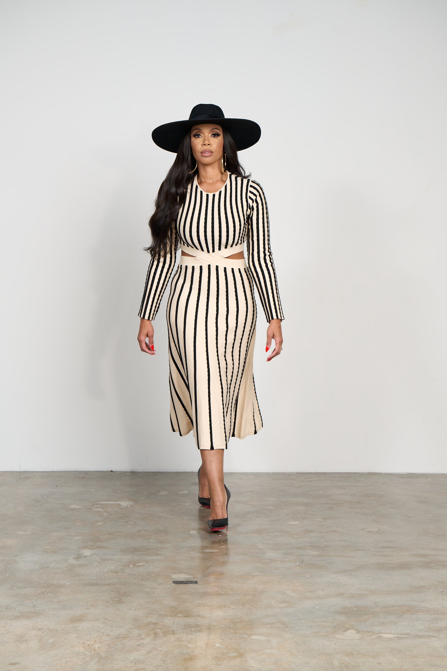 Striped Cut-Out Midi Dress with Side Slits