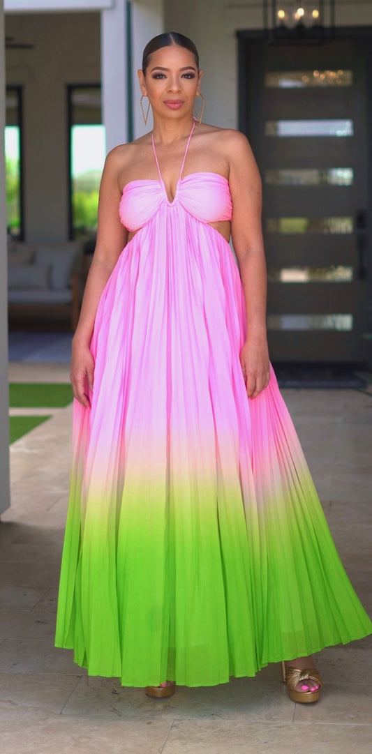 Pink & Green Open Back Maxi Dress