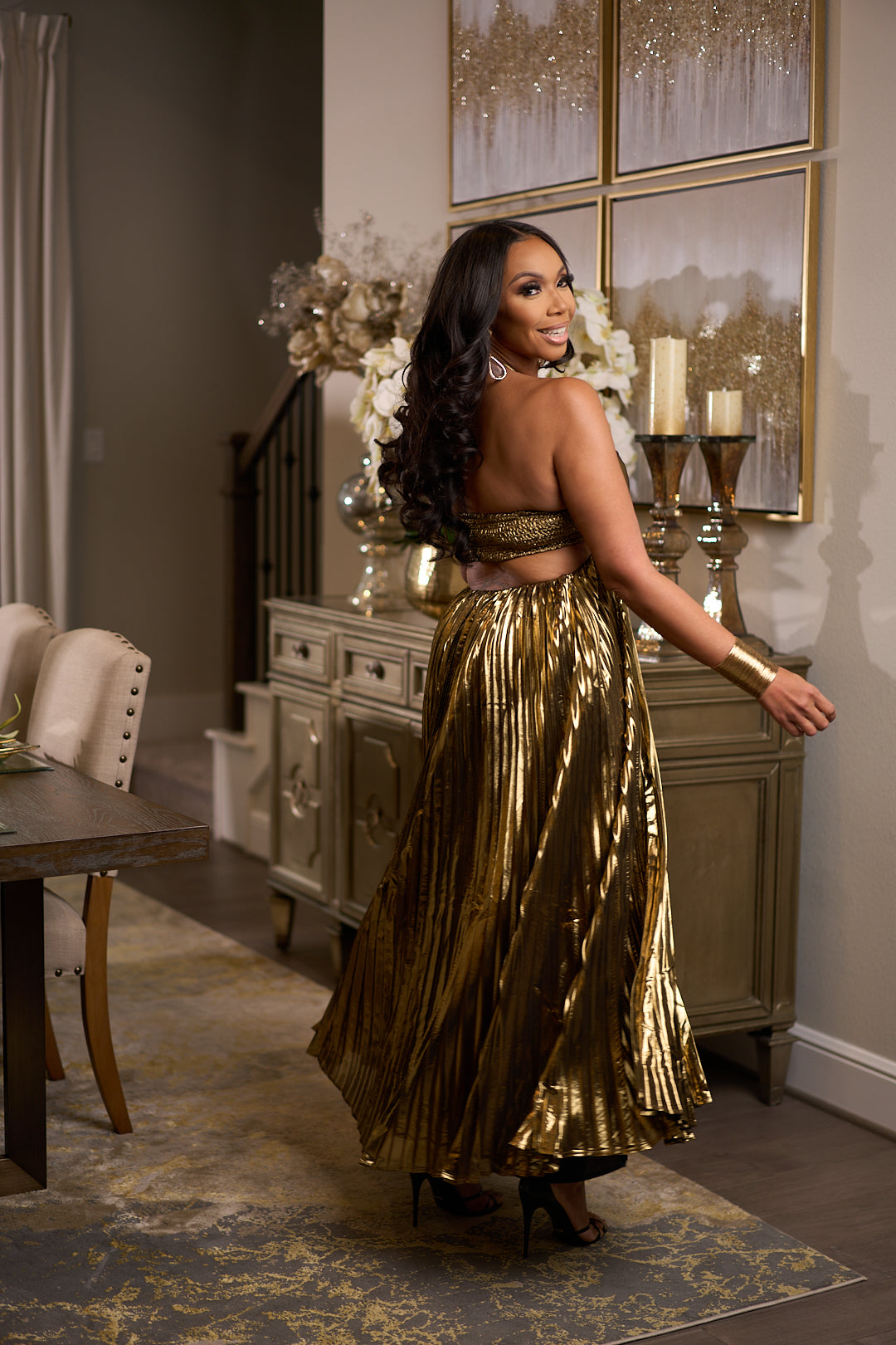 Metallic Gold Open Back Maxi Dress