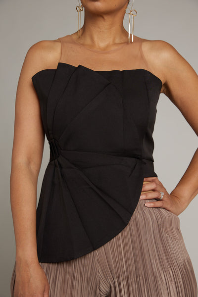Black Sheer Shoulder Satin Top with Ruffle Front