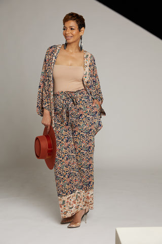 Floral Print Short Kimono and Pant Set in Navy