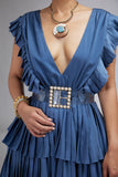 Blue Sleeveless Pleated Layer Dress- Belt Not Included