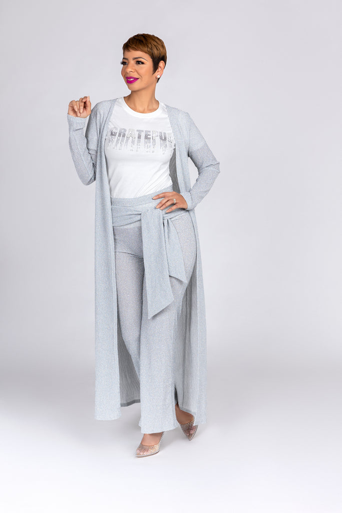 Three Piece Set with Zip back Band Top, Wide leg Pant with Duster – Just  BEOn the runway