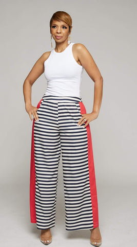 Striped Navy and White Long Pant with Elastic Back